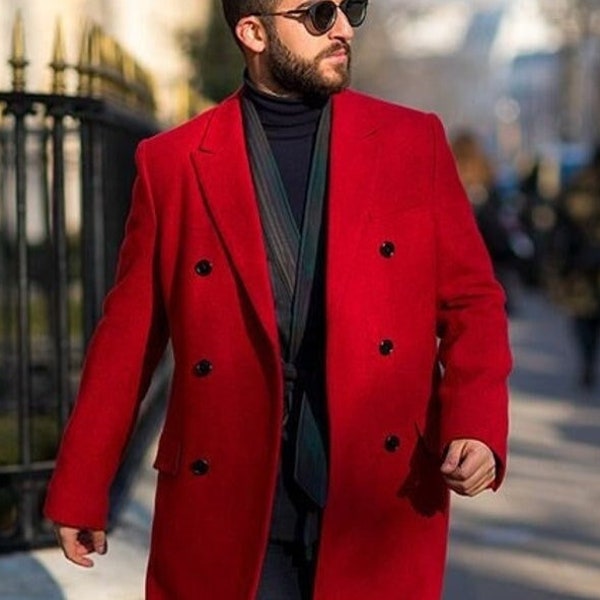 Roter Tweedmantel für Männer, langer Samtmantel für Männer, Oversize-Mantel für Männer Weihnachtsgeschenk für Männer