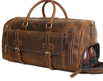 Genuine Full Grain Leather Duffel Bag Weekend Bag Luggage Bag Overnight Bag with shoe compartment