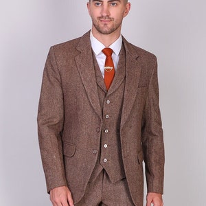 Man tweed brown herringbone suit, 3 piece suit, dinner prom wedding party wear  suit, customize suit, winter suit, men's wedding collections