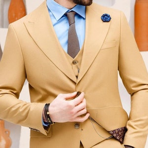 Stylish Bespoke camel slim fit 3 piece suit prom suit tailored fit man suit, Plus size suit Christmas gift image 1