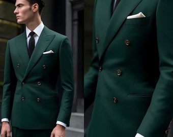 Handmade Dark Green Double Breasted Suit for Men - Slim Fit, Custom Made, High Quality mens suit