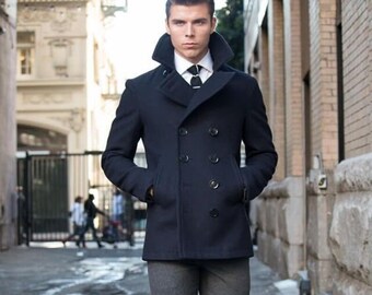 Winter Mens Woolen Horn Button Coats Casual Overcoat Wool Coat Men Windbreaker Jacket,Black,M