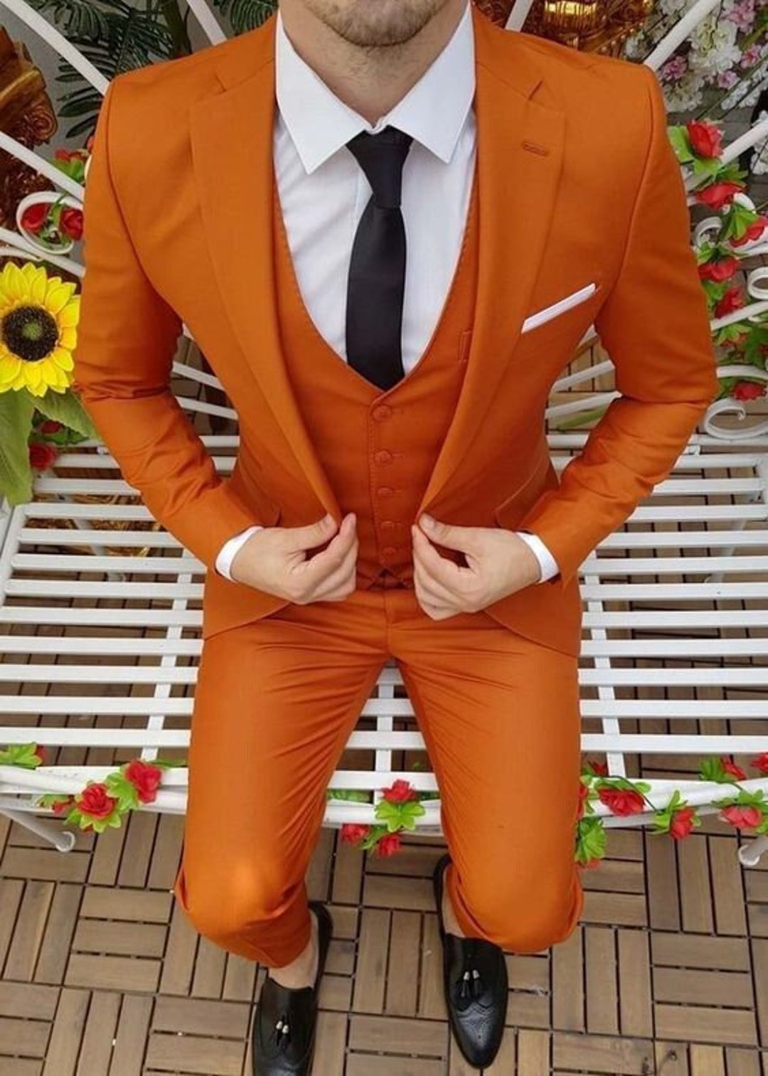 Orange Suit for Men, Beach Wedding Suit for Groom and Groomsmen