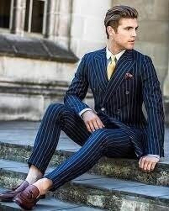 Navy Blue Striped Mens Tuxedos Groom Business Party Wedding Suits 2 Pieces  - Walmart.com