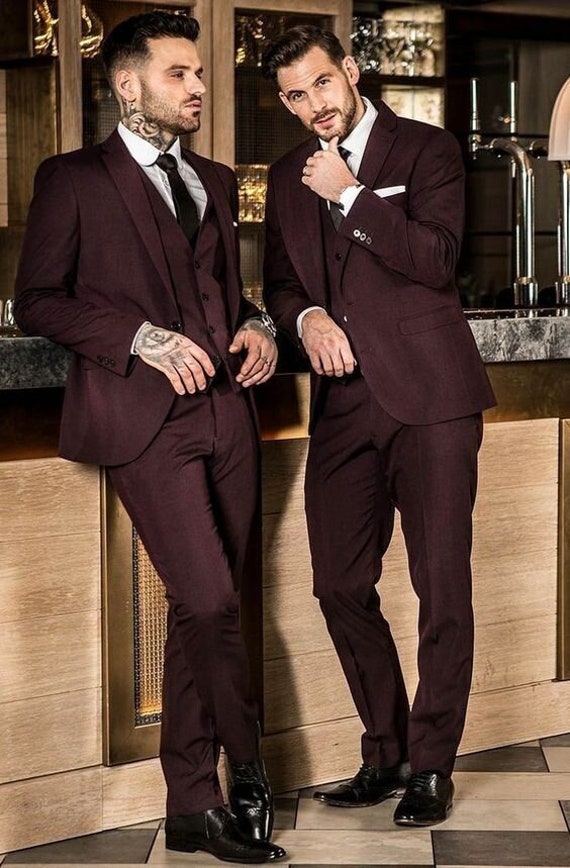 3 Piece Burgundy Men's Tweed Suit Business Formal Party Prom Tuxedo Wedding Suit 