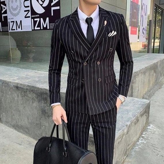 Black Striped Suit for Men, Double Breasted Suit for Office Wear, Party  Wear, Dinner, Prom, Elegant Suit With Peak Lapel for Men. 