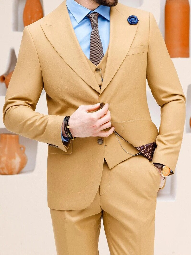 Stylish Bespoke camel slim fit 3 piece suit prom suit tailored fit man suit, Plus size suit Christmas gift image 1