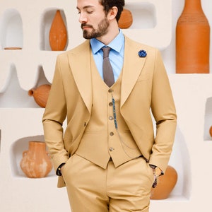 Stylish Bespoke camel slim fit 3 piece suit prom suit tailored fit man suit, Plus size suit Christmas gift image 2