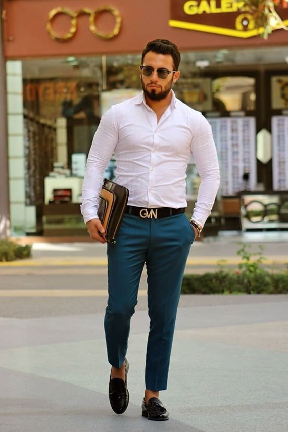 Hombre elegante camisa blanca pantalón azul para de - Etsy España