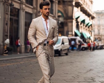 Men Linen Beige 2 Piece Slim Fit Beach Wedding Suit Groom Wear | Etsy