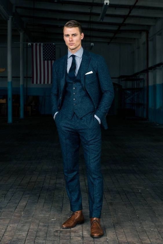Men Tweed Blue Suit Beach Wedding Suit 3 Piece Suit Groom Wear - Etsy
