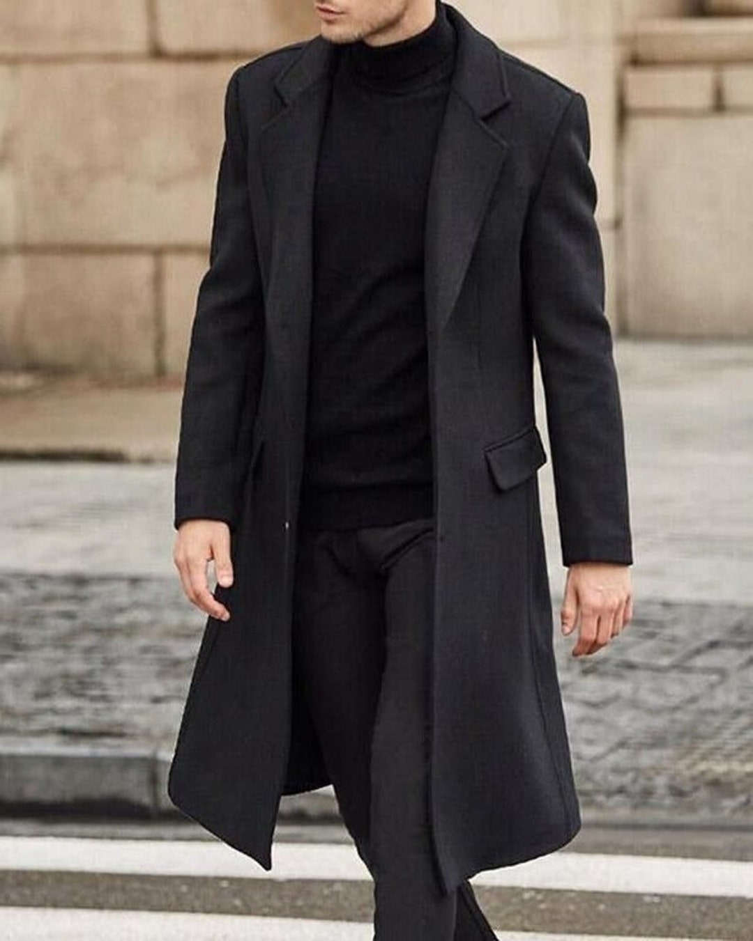 Men Black Woolen Overcoat Vintage Long Trench Co ...