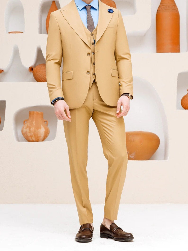 Stylish Bespoke camel slim fit 3 piece suit prom suit tailored fit man suit, Plus size suit Christmas gift image 3