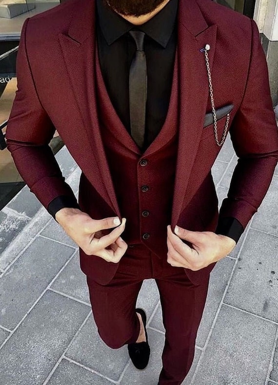 Men Suits Maroon 3 Piece Formal Fashion Slim Fit Burgandy Etsy