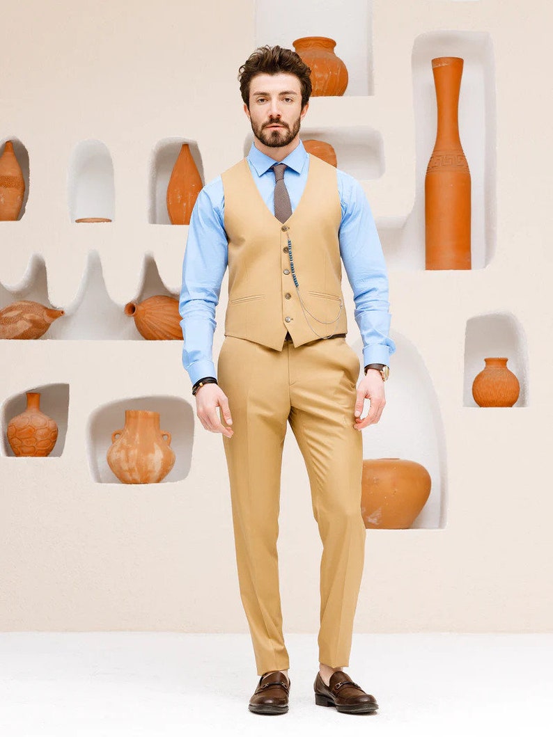 Stylish Bespoke camel slim fit 3 piece suit prom suit tailored fit man suit, Plus size suit Christmas gift image 5