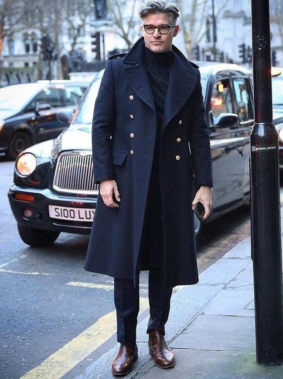 Men Blue Long Overcoat, Winter Long Jacket, Windbreak Coat