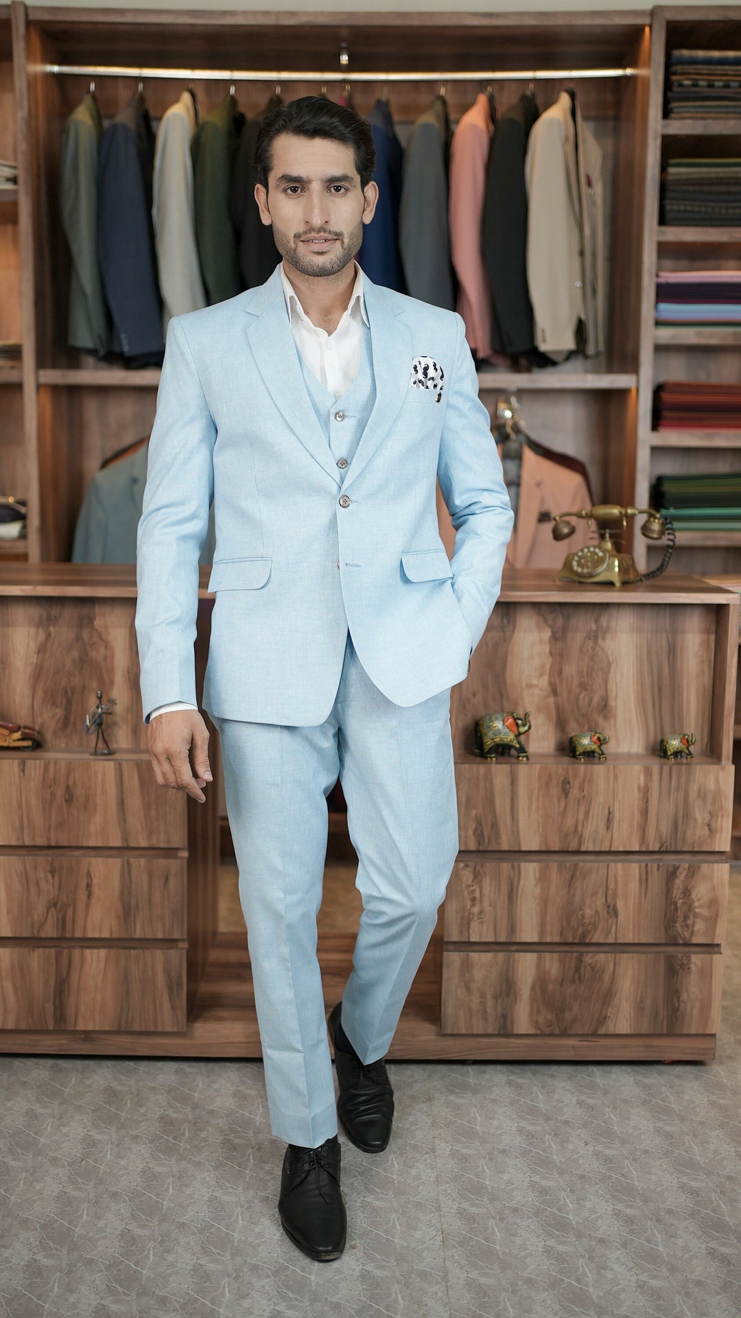 Blue Linen Men's 3 Piece Suit, Summer Wedding, Groom Wear, Prom, Dinner