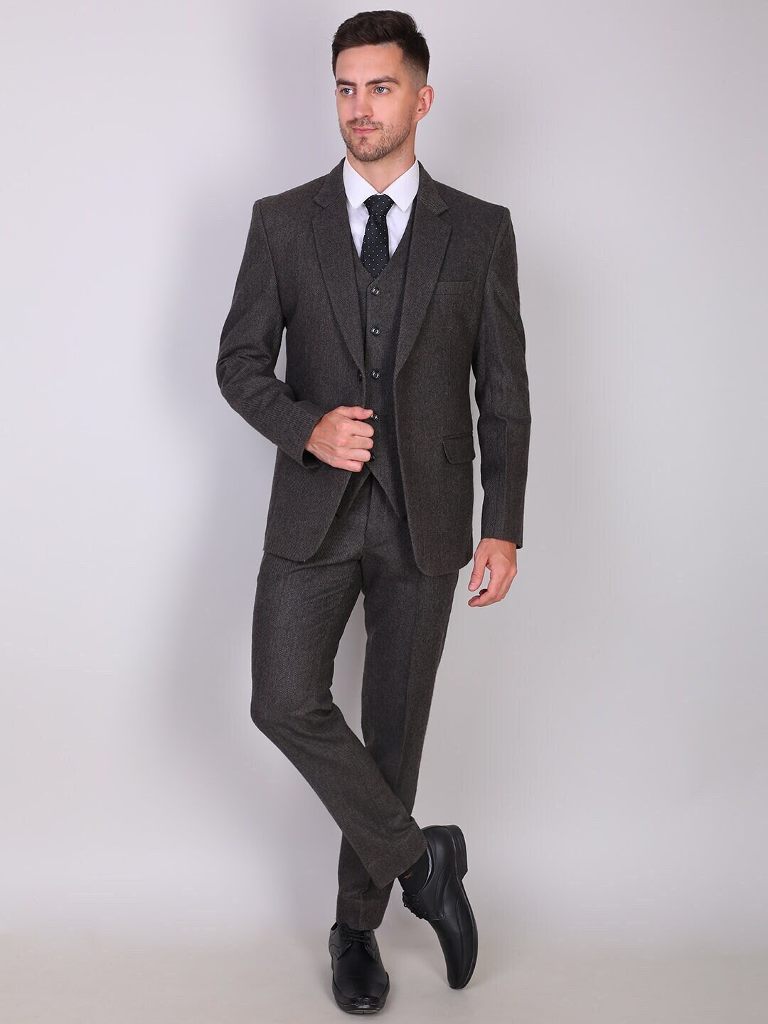 Man Tweed Black Herringbone Suit, 3 Piece Suit, Dinner Prom Wedding