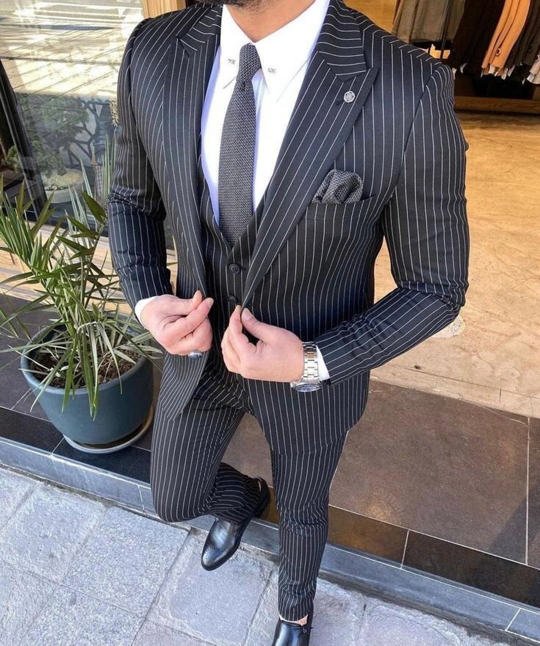 Colchester TAILORED SLIM Fit ALL BLACK Pinstripe Double BREASTED Men's SUIT