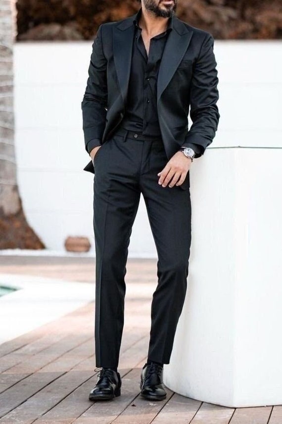 Black Slim Fit 2 Piece Peak Lapel Pinstripe Suit for Men | BespokeDaily