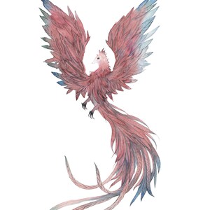 Phoenix Gemälde - Rot und Blau mit langem Schwanz - Original Aquarell Illustration auf Papier perfekt für die Wanddekoration - Traumhaftes Kunstwerk