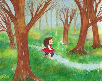 Girl Walking on a Forest Path - Original Painting - Blue Sky, Green Meadow - Illustration for Kid's room - Dreamlike Landscape Cartoon Style