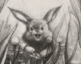 Originele grafiettekeningen - Bunny Art Set – Grillige dierenportretten – Fantasy Wall Art voor thuis