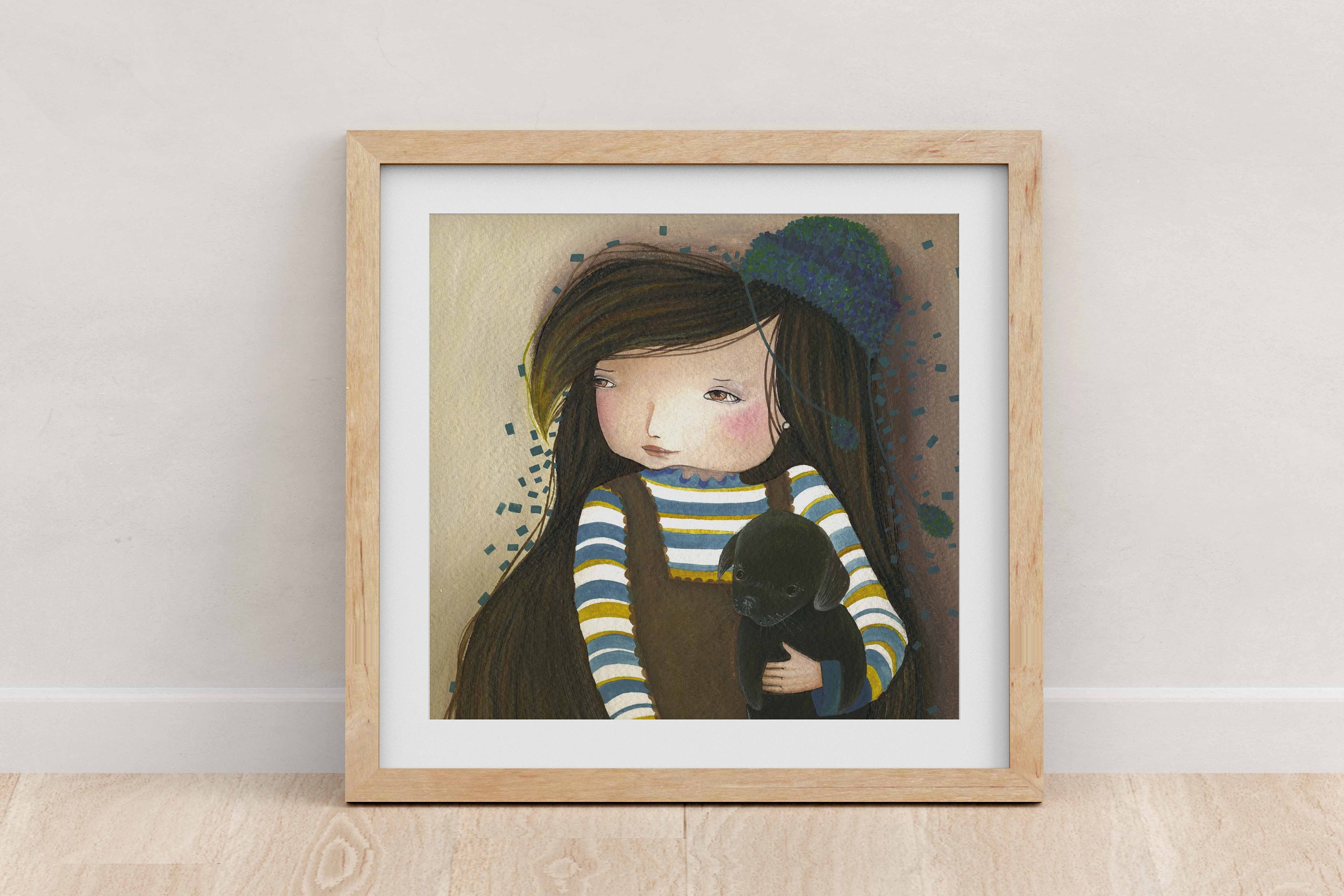 Girl and Black Dog Art Print: Brown-Eyed Girl Portrait, Acrylic Illustration