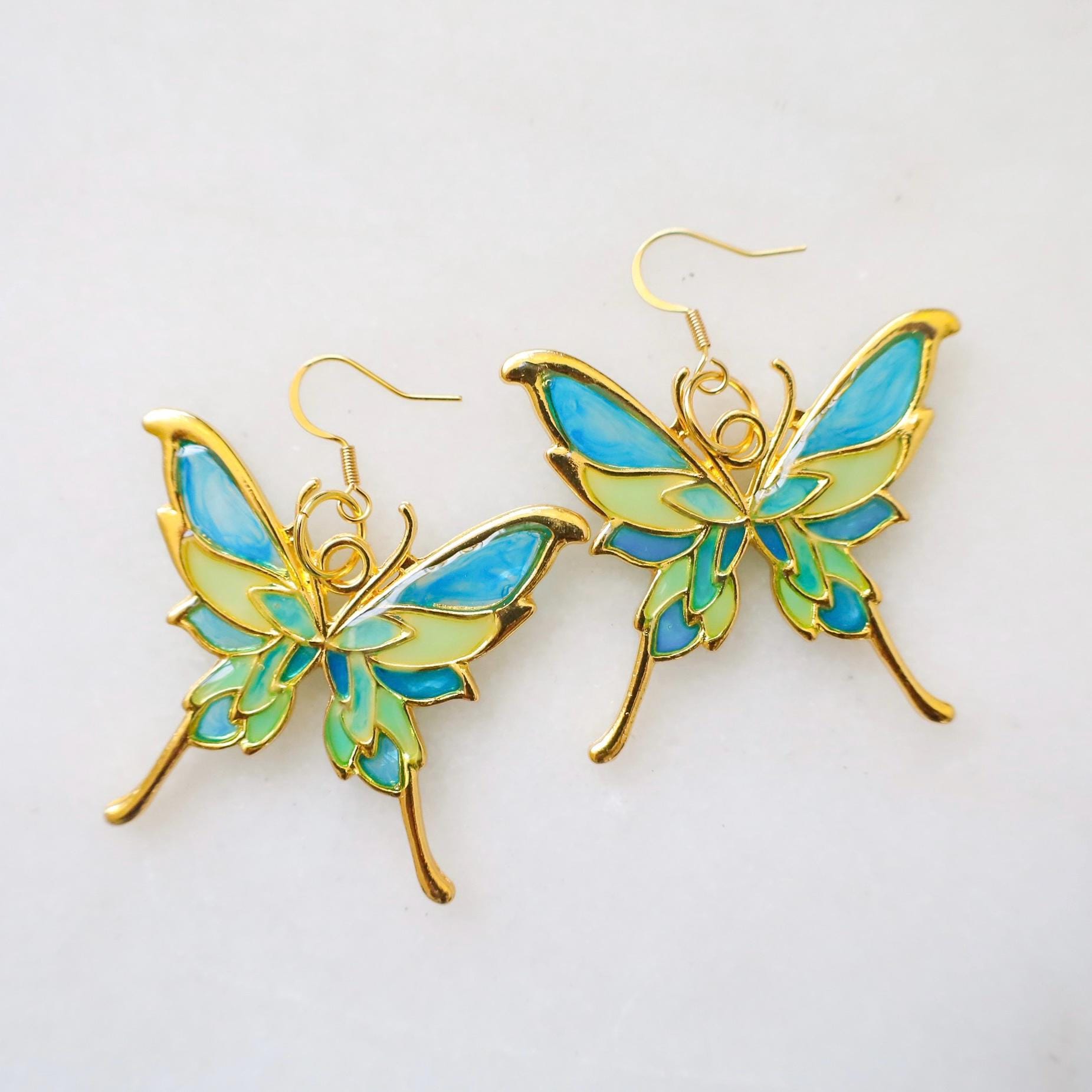 青と緑の蝶のイヤリング - Etsy 日本