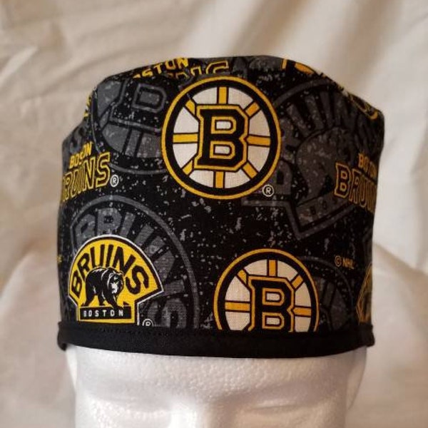 Reversible Boston Bruins Scrub Cap / Bikers Cap / Chemo Cap / Bakers Hat, Made with store bought licensed fabric