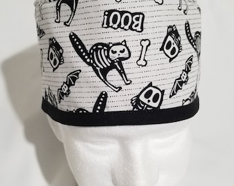 Reversible Halloween Scrub Cap, Skeleton Cats Bats, Unisex Cotton Bakers Hat