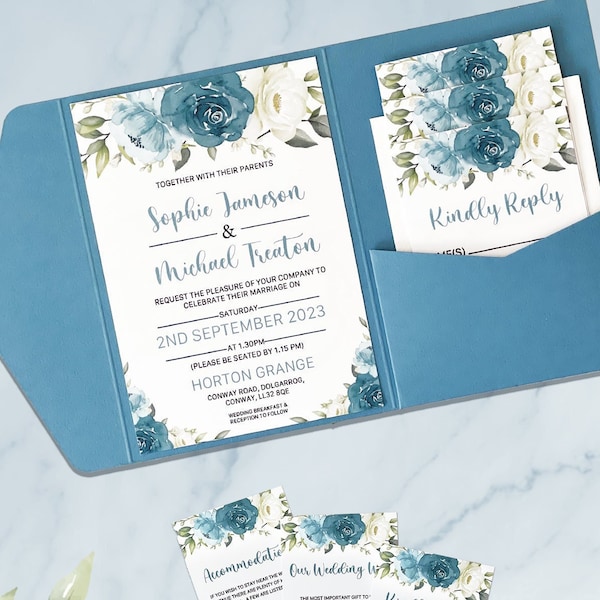 Dusky Blue Pocket Fold Style Wedding Invitation Suite with Envelope - Fully Customised Invites with a Dusty Blue Watercolour Floral Touch