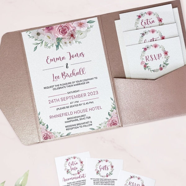 Dusky Rose Pink Pocket Fold Complete Wedding Invite Set - Dusky Rose Pink Bespoke Wedding Invitations Suite - Watercolour Flower Style
