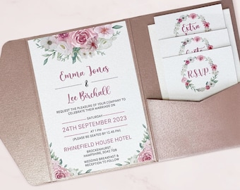 Dusky Rose Pink Pocket Fold Complete Wedding Invite Set - Dusky Rose Pink Bespoke Wedding Invitations Suite - Watercolour Flower Style