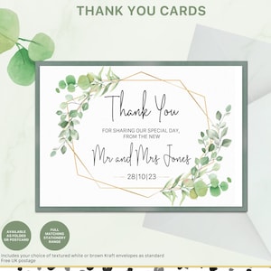 Cartes de remerciement de mariage vert sauge et forêt d'eucalyptus avec enveloppe - Carte pliée de remerciement de mariage personnalisée ou style carte postale