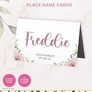 Cartes de lieu de mariage en rose sombre - Cartes de nom de table de mariage rustique personnalisées pour correspondre à un thème de mariage rustique rose floral