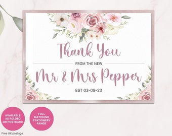 Dusky Rose Pink Wedding Thank You Cards with Envelope - Personalised Wedding Thanks for Guests, Folded Card or Postcard Style