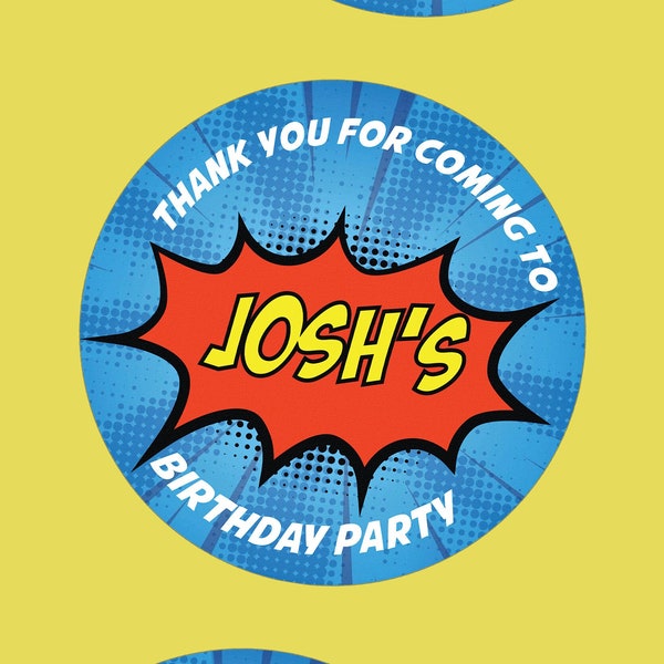 Personalised Superhero Birthday Party Stickers - Custom Super Hero Name Party Favour Sticker - Perfect for Kid's Party Bags or Gift Labels