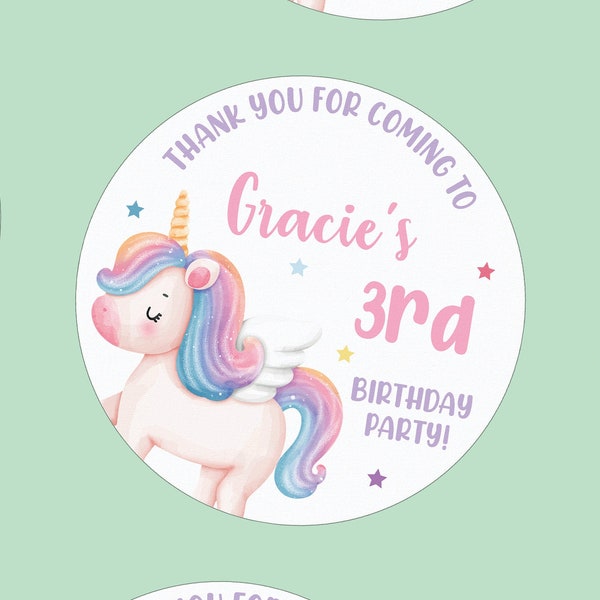 Pegatinas personalizadas para fiesta de cumpleaños de niños con unicornio, pegatinas personalizadas con nombre de fiesta para niños, perfectas para bolsas de fiesta o etiquetas de regalo