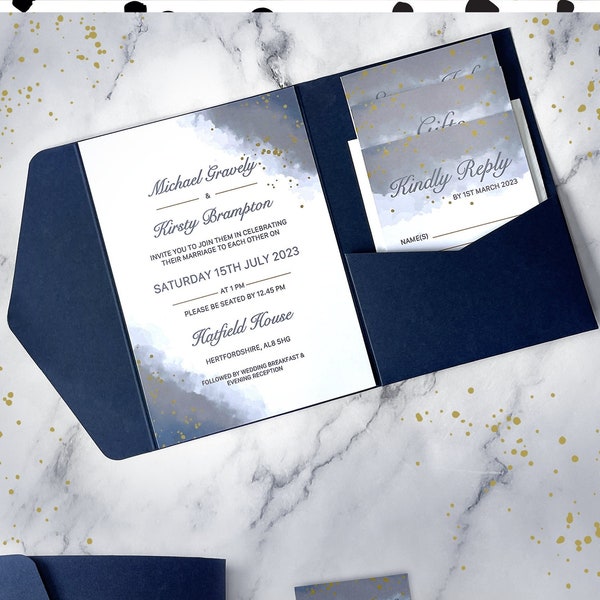 Élégante suite d’invitations de mariage à poche bleu marine - Ensemble d’invitations personnalisables sur mesure dans un style aquarelle (échantillons disponibles)