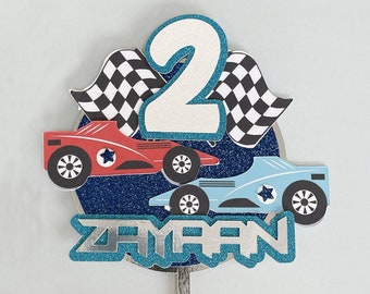 Race to the Checkered Flag with our Personalised Race Car Cake Topper - Custom Name and Age - Glitter and Foil Birthday Cake Decoration