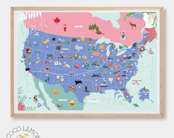 USA Travel Map Art Print: Illustrated United States (Digital Download)
