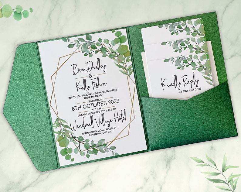 Eucalyptus Pocket Fold Complete Wedding Invite Set Eucalyptus Wedding Invitations Suite Rustic and Natural Green Style image 2