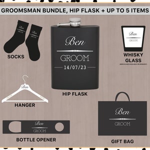 Personalised Grooms Party Gift Bundle - Hip Flask and up to 5 items (Gift Bag, Bottle Opener, Whisky or Beer Glass, Hanger & Socks)