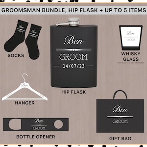 Personalised Grooms Party Gift Bundle - Hip Flask and up to 5 items (Gift Bag, Bottle Opener, Whisky or Beer Glass, Hanger & Socks)