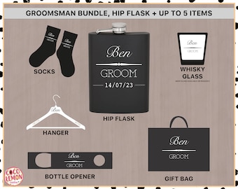 Personalised Grooms Party Gift Bundle - Hip Flask and up to 5 items (Gift Bag, Bottle Opener, Whisky or Beer Glass, Hanger & Socks)