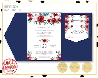 Burgundy, Navy & Pink Floral Pocket Fold Complete Wedding Invite Set - Bespoke Wedding Invitations Suite - Watercolour Flower Style