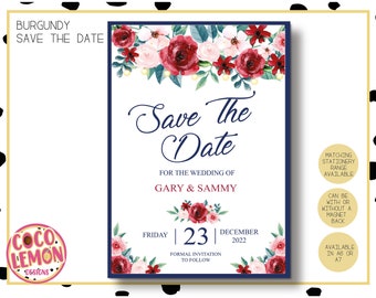 Burgundy, Navy and Pink Floral Save The Date Cards - Personalised Wedding Save The Days in Burgundy, Navy and Pink