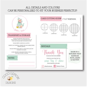 Carte d'entretien des gâteaux sur mesure - Notice d'information pour les boulangers - peut inclure des informations nutritionnelles, des allergènes, un guide de coupe, etc.