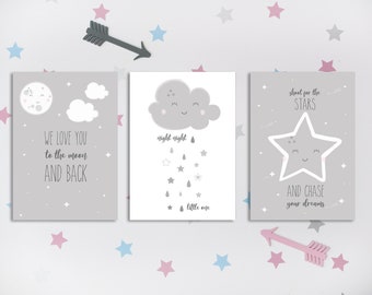 Moon, Star & Cloud Nursery Prints, Sky Themed Unframed Trio Set - Décor de pépinière unisexe pour nouveau-né